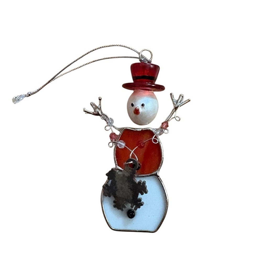 Ganz Festive Snowman Ornament with Red Hat Stained Glass Metal Christmas